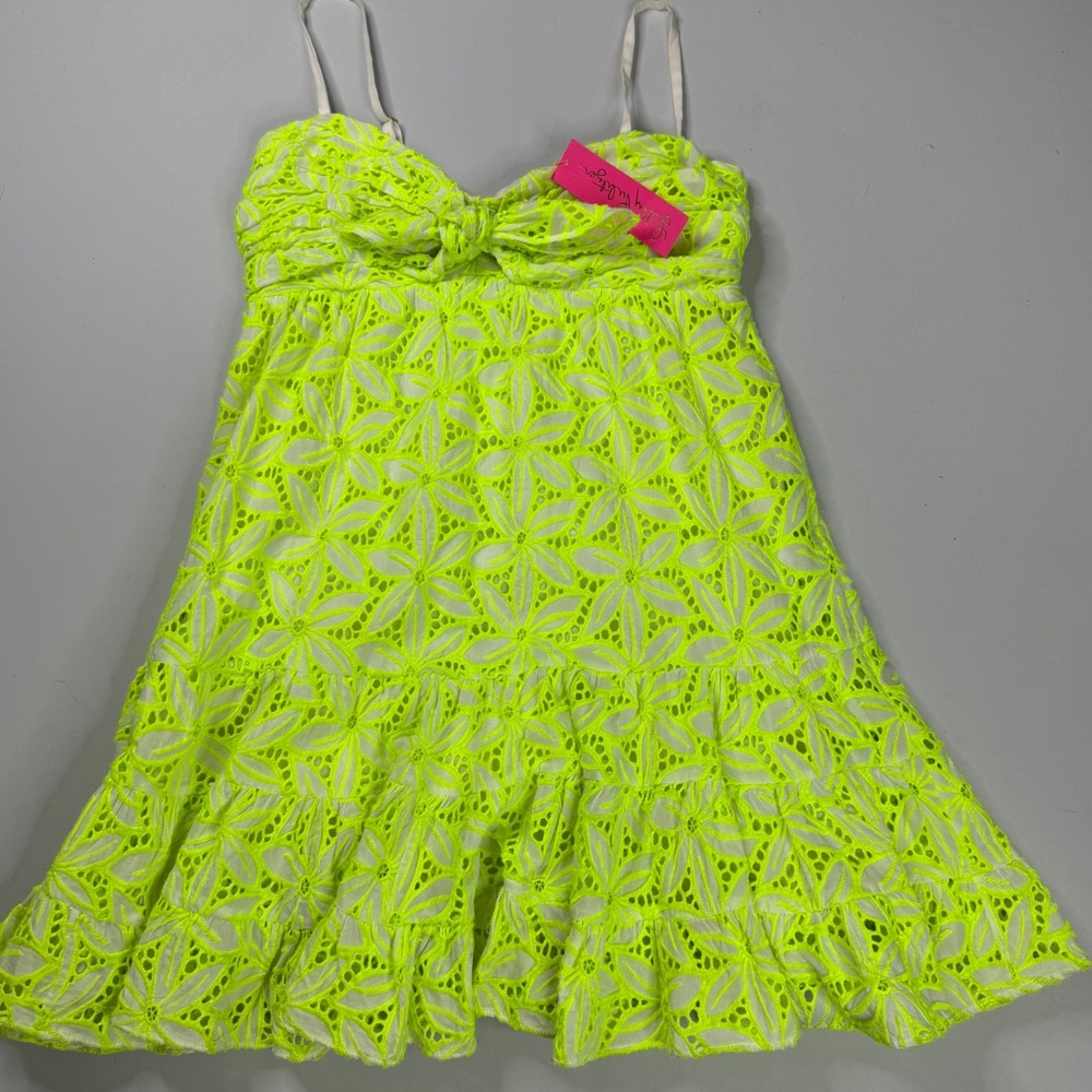 Lilly Pulitzer Briana Dress Womens 6 Pepino Green Mambo Eyelet Neon Mini NWT - Picture 3 of 11